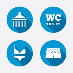 Swimming pool icons. Shower and swimwear signs.
