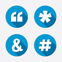 Quote, asterisk footnote icons. Hashtag symbol.