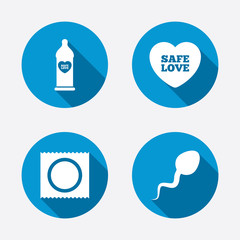 Safe sex love icons. Condom in package symbols.