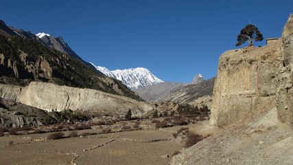 Scene in Manang, fields in high altidude surroundet by mountains