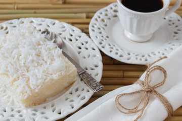 Brazilian sweet couscous pudding (cuscuz doce) coconut, coffee