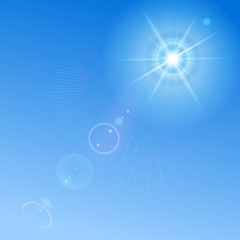 Background with blue sky, sun and lens flare