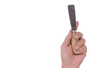 tan skin hand male with with putty knife, isolated on white back