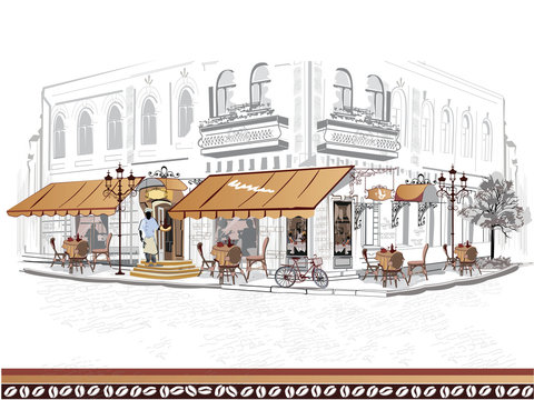 Series of street views with people in the old city