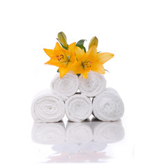 Set of yellow lily nd stacked roller towels