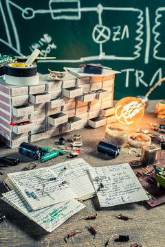 Vintage electronics work desk in physics lab