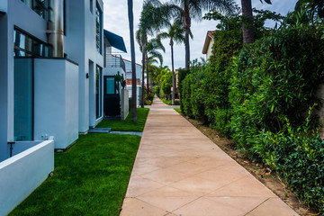 Gardens and houses along walkway, on Lido Isle, in Newport Beach