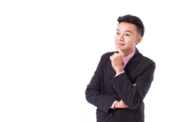 happy businessman thinking, finding a good idea