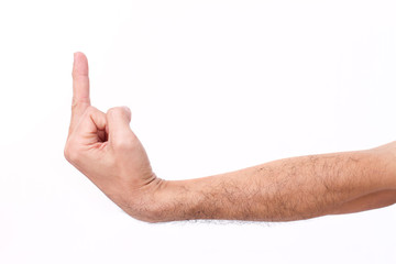 man's hand giving middle finger gesture, hairy arm