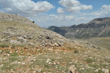 Nemrut Dagi. Mountains on the background of sky. Tourism