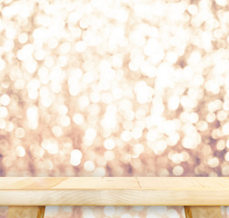 Wood Table with bokeh pink sparkling background,Empty room for d