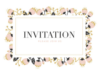 Invitation card with a frame made of flowers and gold border.