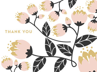 Thank you note with pink flowers on white background.