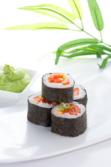 Sushi maki on white plate over white background