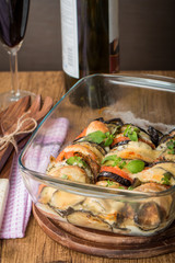 appetizer with eggplant, cheese mozzarella  and tomato