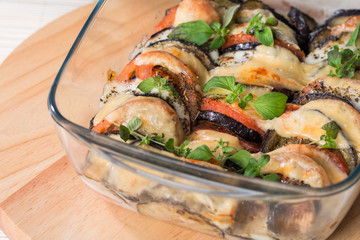 appetizer with eggplant, cheese mozzarella  and tomato