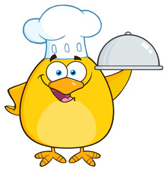 Chef Yellow Chick Cartoon Character Holding A Platter