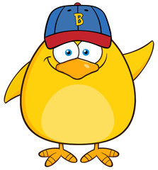 Smiling Yellow Chick Character With Baseball Hat Waving