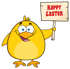 Happy Yellow Chick Character Holding A Happy Easter Sign