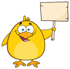 Happy Yellow Chick Cartoon Character Holding A Wooden Sign
