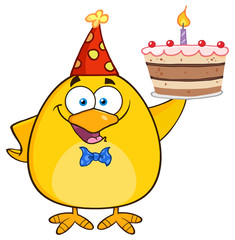 Happy Yellow Chick Cartoon Character Holding Up A Birthday Cake