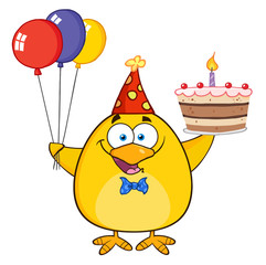 Yellow Chick Holding Up A Colorful Balloons And Birthday Cake