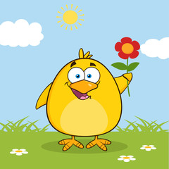 Happy Yellow Chick Character With A Red Daisy Flower