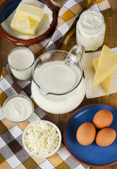 Dairy products on  wooden table