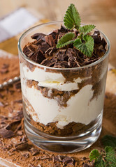 Tiramisu cake with fresh mint.