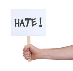 Hand holding sign, isolated on white