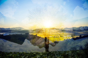 Double exposure handshake on a forest background