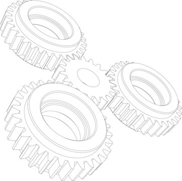 Four wire-frame gears. Perspective view. Vector illustration