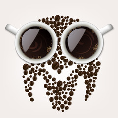 Two Cups of Coffee with Coffee Beans Forming An Owl Symbol, Vector Illustration
