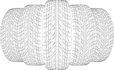 Wedge of five wire-frame tires. Vector illustration