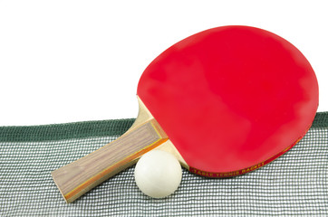 Red table tennis racket and a net isolated