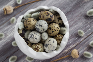 Small quail eggs wooden table dish  scattered database