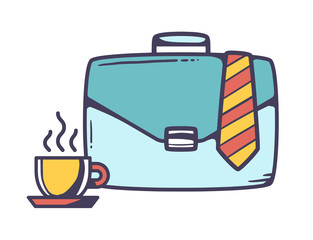 Vector illustration of blue business case with cup of coffee and