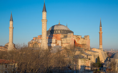 Fototapeta na wymiar Hagia Sophia cathedral at sunset, side view