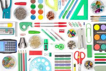 school tools on white background top view