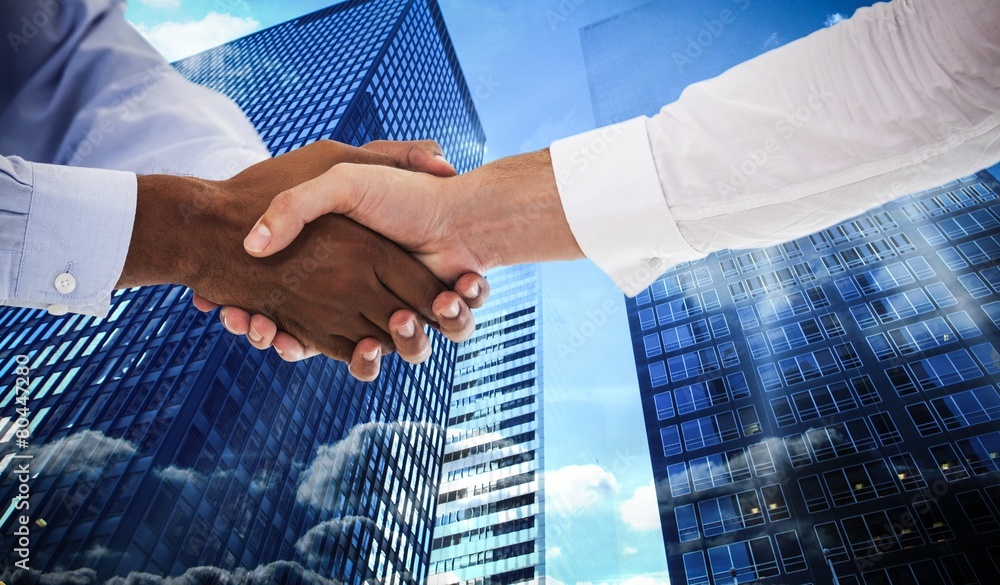 Poster composite image of close-up shot of a handshake in office
