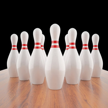 Illustration of bowling pins on a wooden floor.
