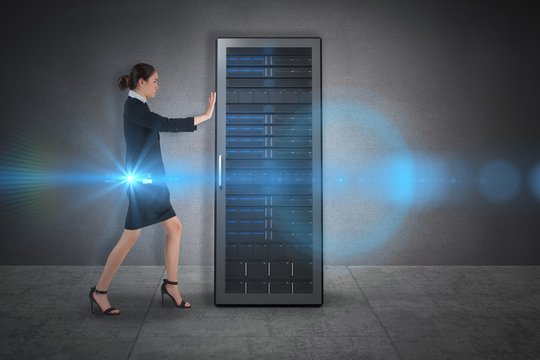 Composite image of businesswoman pushing