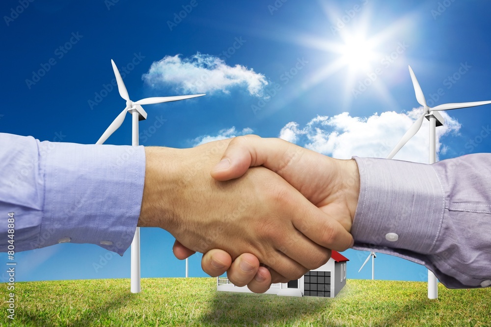 Poster Composite image of hand shake in front of wires