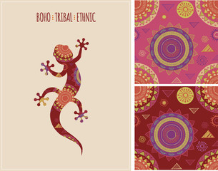 Fototapeta premium Bohemian, Tribal, Ethnic background with lizard and patterns