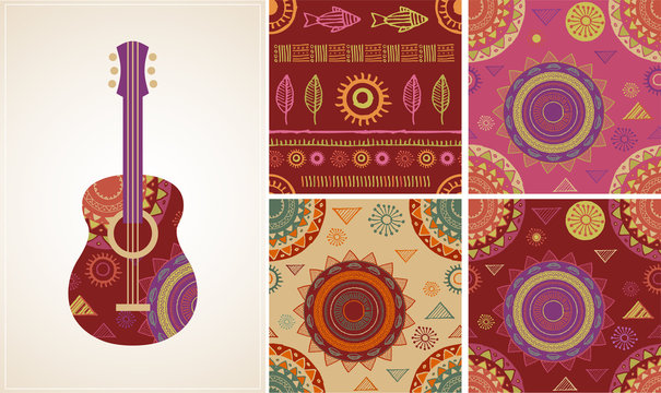 Bohemian, Tribal, Ethnic background with guitar icon and