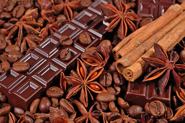 Coffee, chocolate, star anise and cinnamon sticks