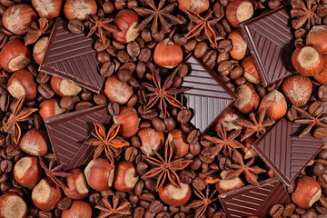 Coffee, chocolate, star anise and hazelnuts