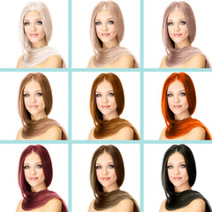 Concept of coloring hair. Portraits of beautiful woman with