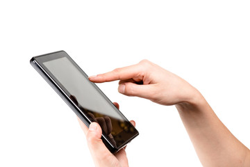 finger points to the tablet