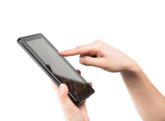 finger points to the tablet